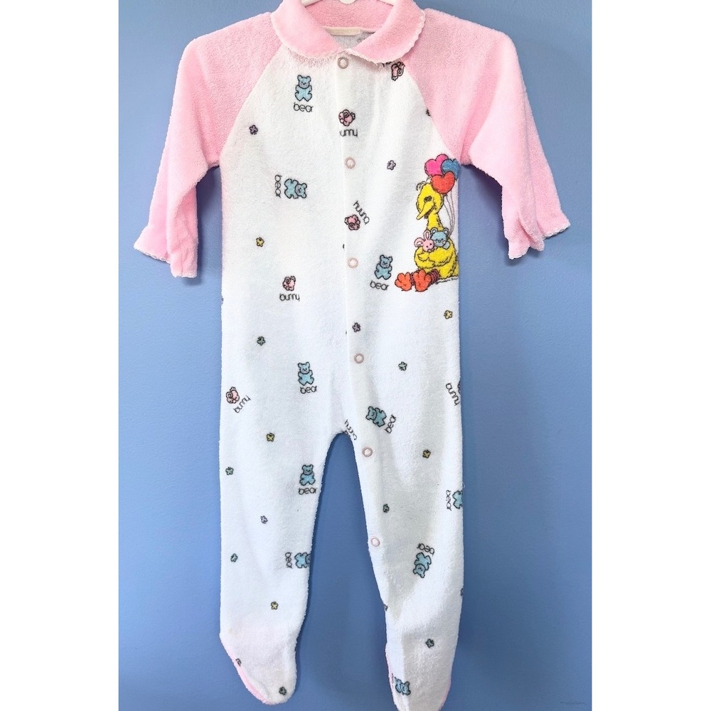 Vintage Sesame Street Big Bird Footed Sleeper Pink White Terry 9-12 Months